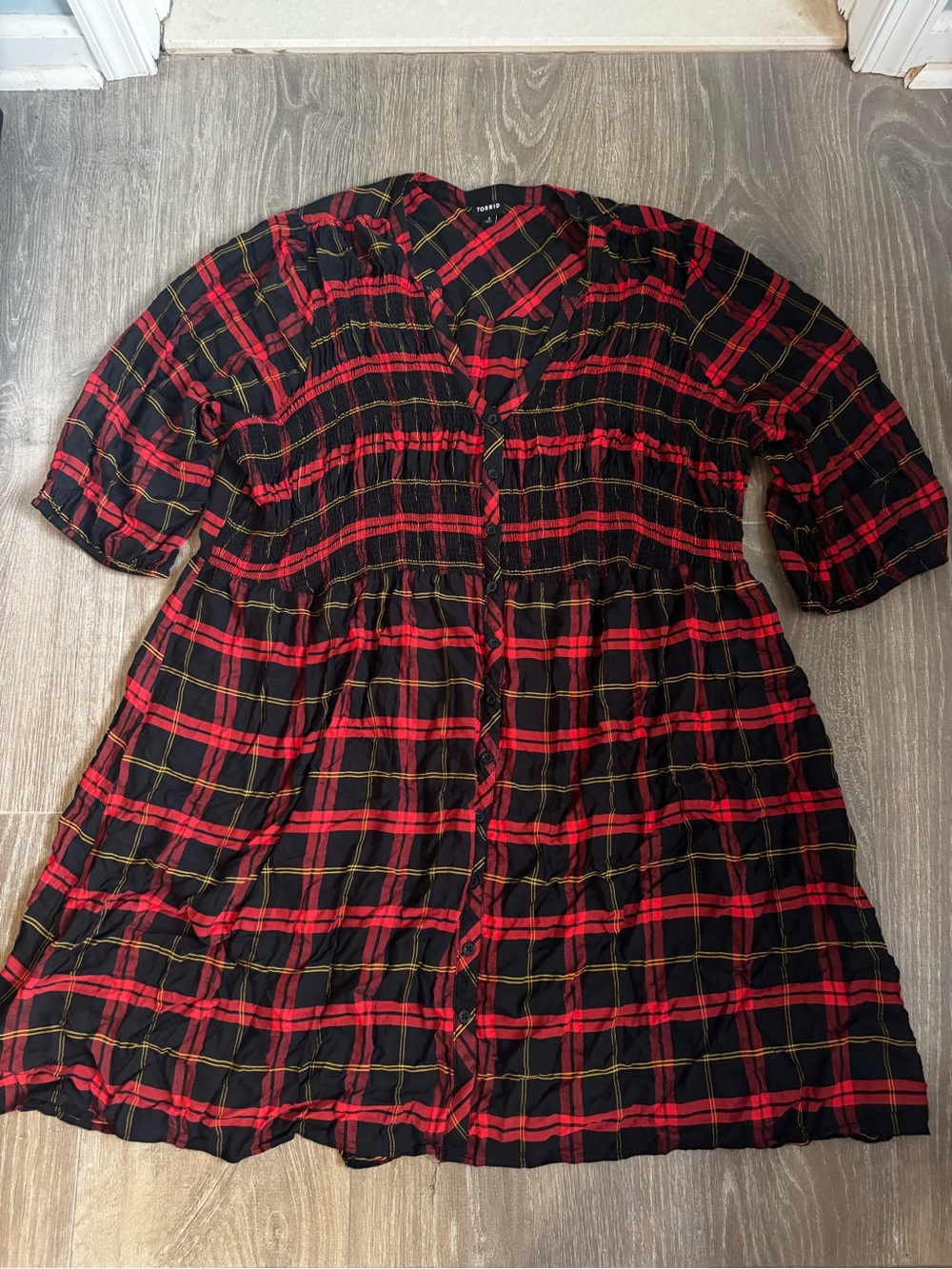 torrid Black Red and Yellow Plaid Asymmetrical Button-Front Dress